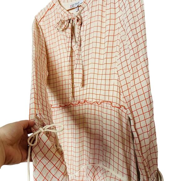 DEREK LAM 10 Crosby Cream Red Tiered Windowpane Asymmetrical Ruffle Dress Size 8 - Picture 11 of 14